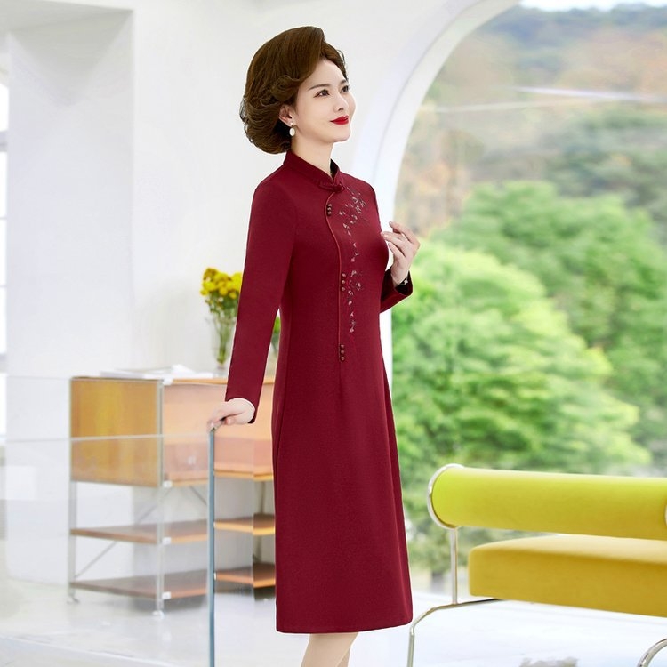 Plus veličina zimski set: gornji sloj-top i duga cheongsam haljina, cvjetni pleteni materijal, Polo ovratnik, 3/4 rukavi, srednja duljina