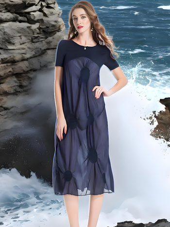 Φόρεμα με πιέτες και τιράντες, κοντά μανίκια, στρογγυλό λαιμό, ελαστική μέση, μακριά γραμμή