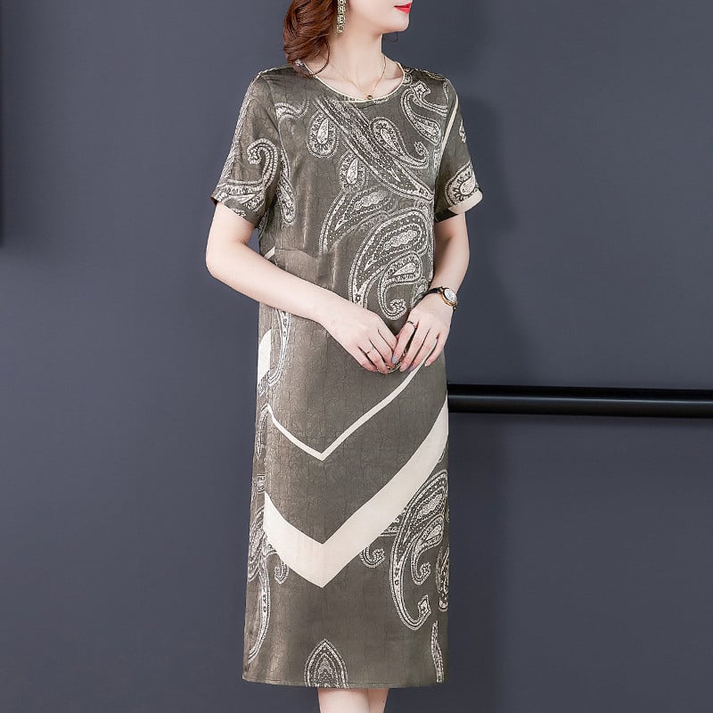 Haljina midi od ice silk s printom, okrugli izrez, kratki rukav