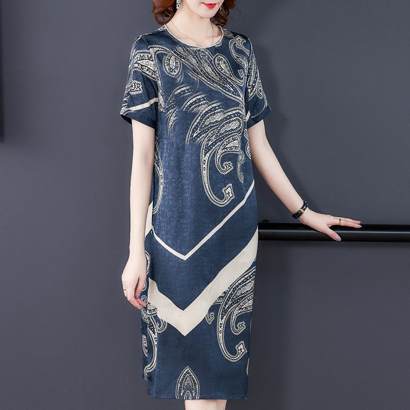 Haljina midi od ice silk s printom, okrugli izrez, kratki rukav
