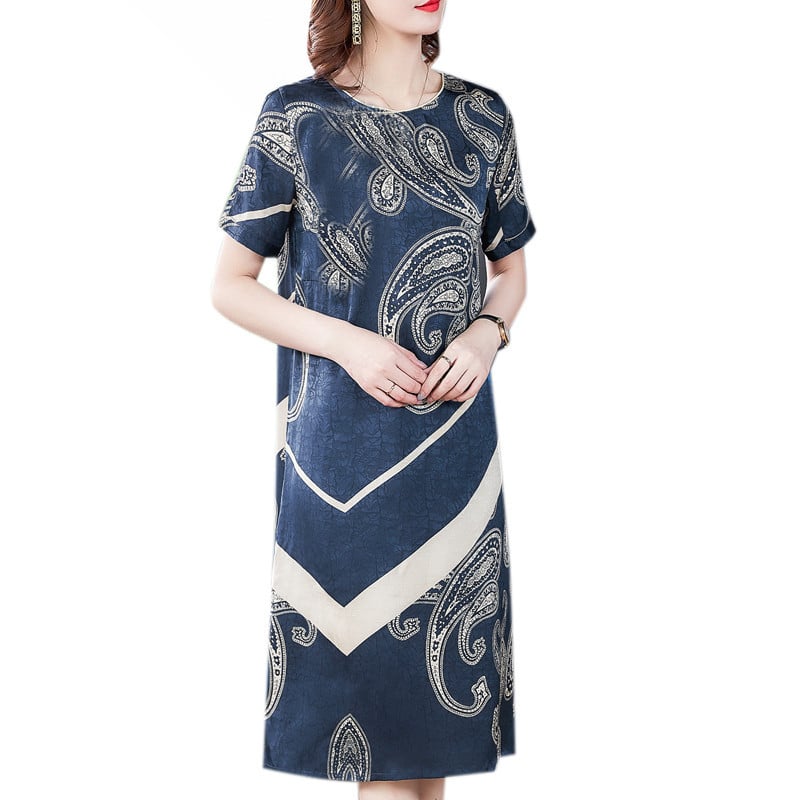 Haljina midi od ice silk s printom, okrugli izrez, kratki rukav