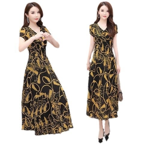 Floralna midi haljina A-linije s V-izrezom, kratki rukavi, Ice Silk tkanina (90-95% poliester)