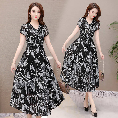 Floralna midi haljina A-linije s V-izrezom, kratki rukavi, Ice Silk tkanina (90-95% poliester)