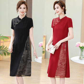 Cheongsam haljina s floralnim uzorkom za žene srednje dobi, kratki rukavi, srednja duljina, A-kroj, kružni ovratnik, ljeto 2025, poliester