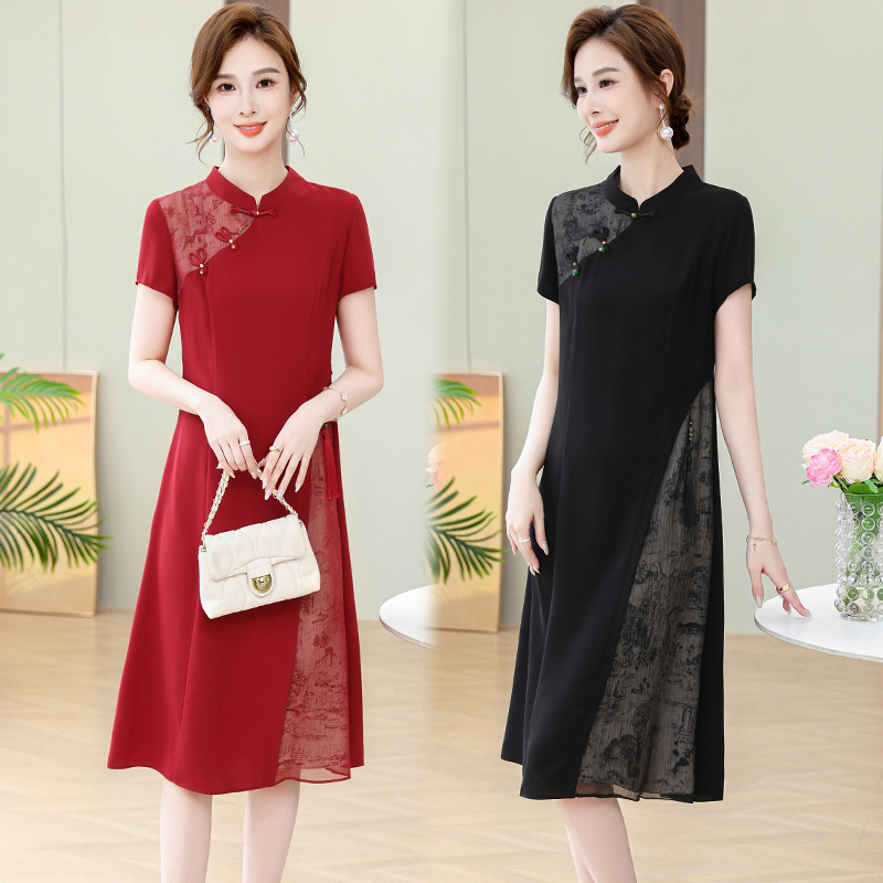 Cheongsam haljina s floralnim uzorkom za žene srednje dobi, kratki rukavi, srednja duljina, A-kroj, kružni ovratnik, ljeto 2025, poliester