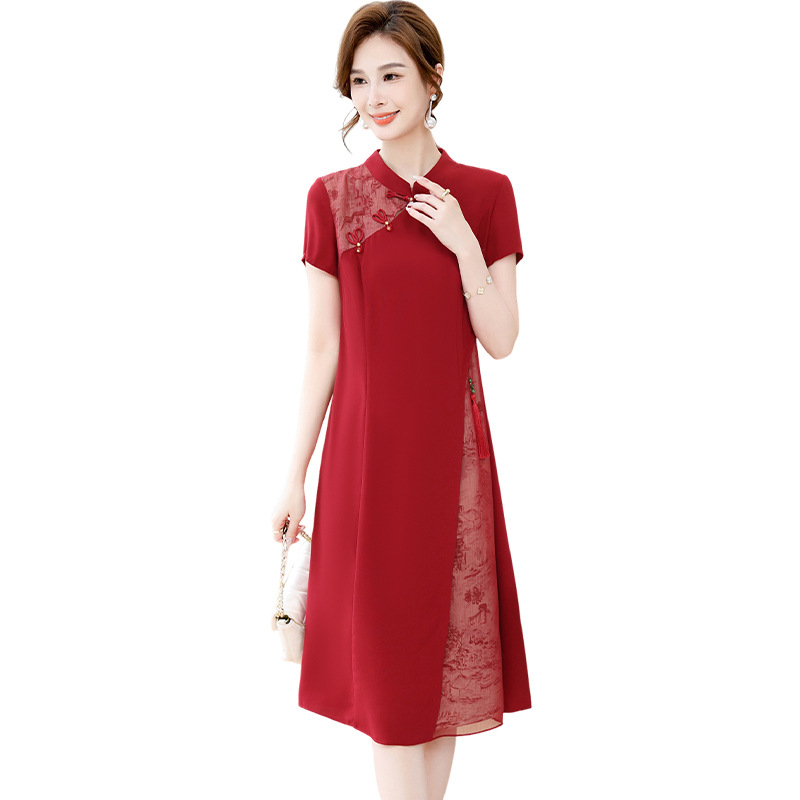 Cheongsam haljina s floralnim uzorkom za žene srednje dobi, kratki rukavi, srednja duljina, A-kroj, kružni ovratnik, ljeto 2025, poliester