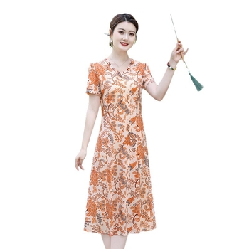 Рокля с къс ръкав, флорални мотиви, средна дължина, полиестер (90-95%)