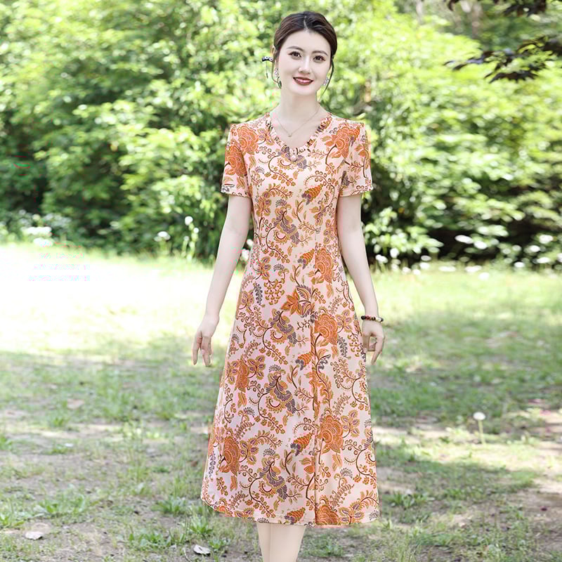 Рокля с къс ръкав, флорални мотиви, средна дължина, полиестер (90-95%)