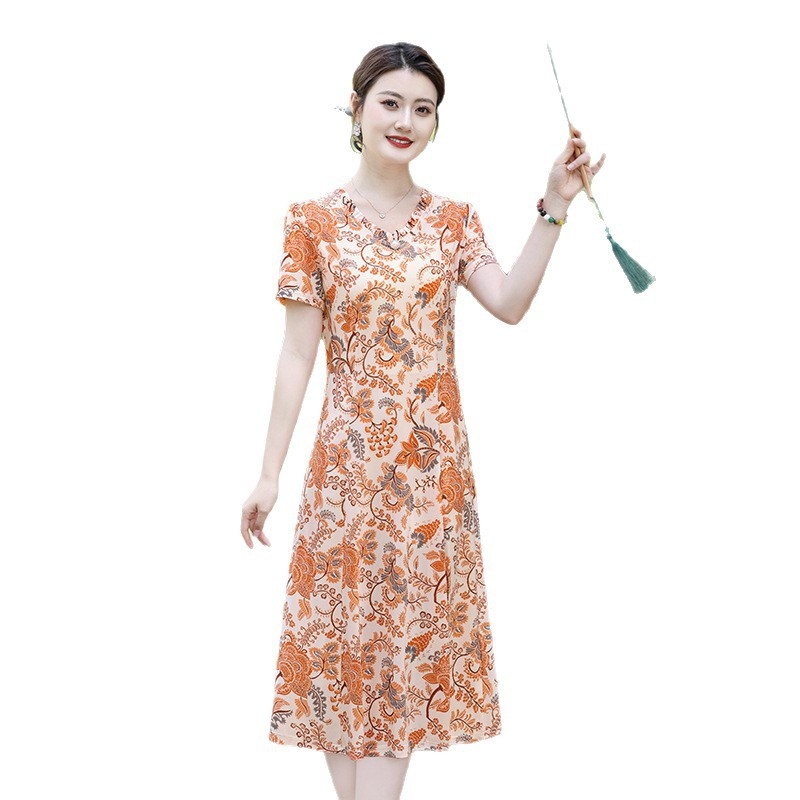 Рокля с къс ръкав, флорални мотиви, средна дължина, полиестер (90-95%)