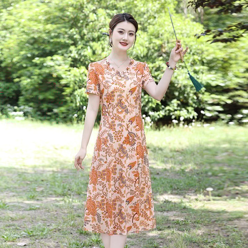 Рокля с къс ръкав, флорални мотиви, средна дължина, полиестер (90-95%)