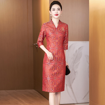 Qipao haljina s perlama, poliester, jednofarbna, V izrez, 3/4 rukava