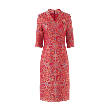 Qipao haljina s perlama, poliester, jednofarbna, V izrez, 3/4 rukava