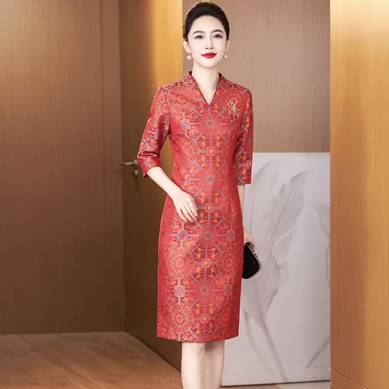 Qipao haljina s perlama, poliester, jednofarbna, V izrez, 3/4 rukava