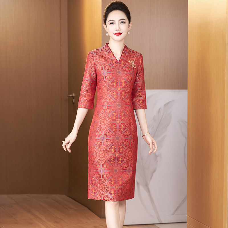 Qipao haljina s perlama, poliester, jednofarbna, V izrez, 3/4 rukava