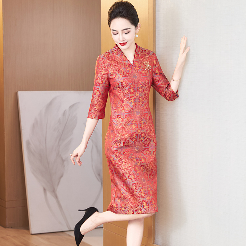 Qipao haljina s perlama, poliester, jednofarbna, V izrez, 3/4 rukava