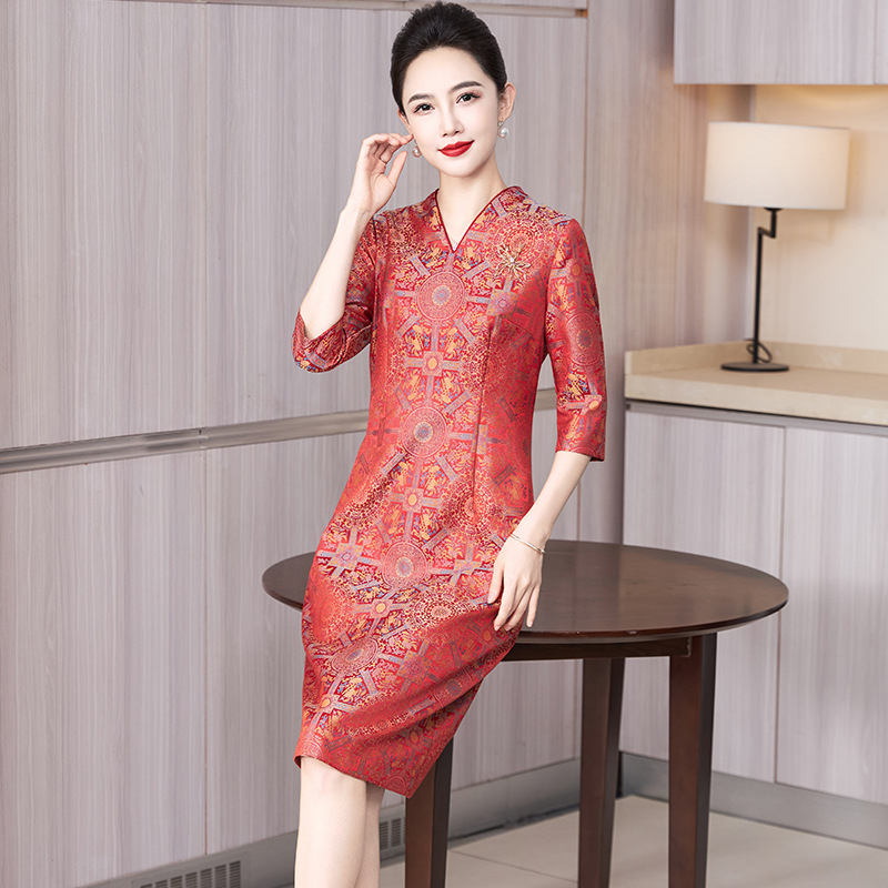 Qipao haljina s perlama, poliester, jednofarbna, V izrez, 3/4 rukava