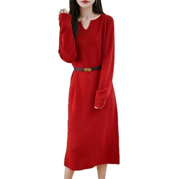 Pletena haljina s remenom, dužina do koljena, A-linija silueta, dugi rukavi