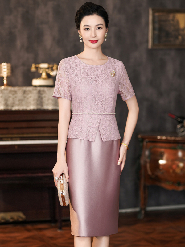 Mežģīņu midi kleita ar pērlītēm, elegants stils kāzu banketam, neilona pamatmateriāls ar poliesteru maisījumu, bez apkakles, vasara 2024