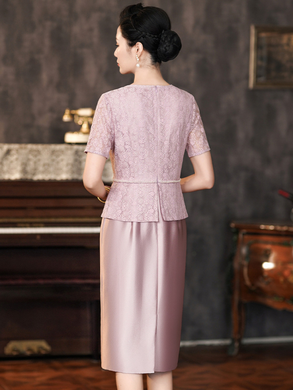 Mežģīņu midi kleita ar pērlītēm, elegants stils kāzu banketam, neilona pamatmateriāls ar poliesteru maisījumu, bez apkakles, vasara 2024