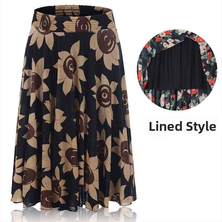 Floraalne print Ice Silk plisseeritud seelik keskmise pikkusega elastse vöökohaga