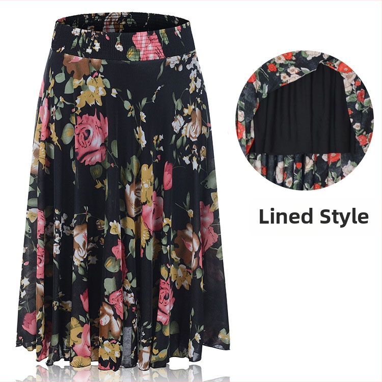 Floraalne print Ice Silk plisseeritud seelik keskmise pikkusega elastse vöökohaga