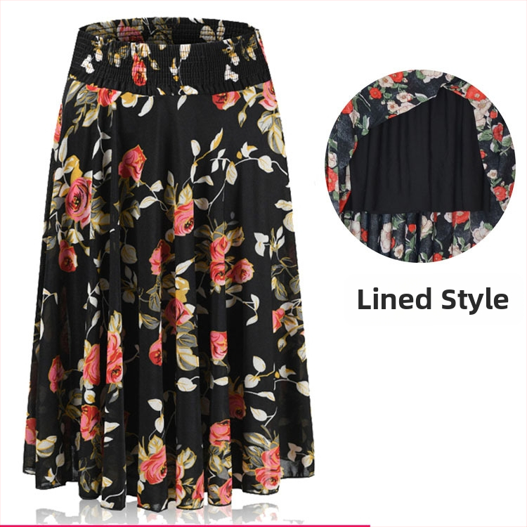 Floraalne print Ice Silk plisseeritud seelik keskmise pikkusega elastse vöökohaga