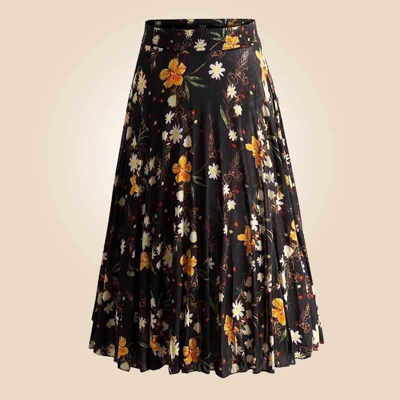 Флорална щампа Ice Silk плисирана пола със еластична талия, средна дължина