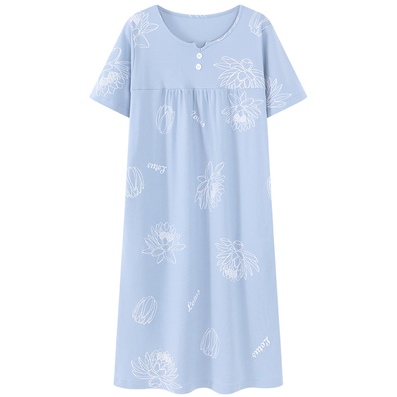 Βαμβατικό νυχτικό για γυναίκες, καλοκαιρινό νυχτικό με 3/4 μανίκια, μεσαίου μήκους φούστα, εκτύπωση σε πολυτελές σχέδιο