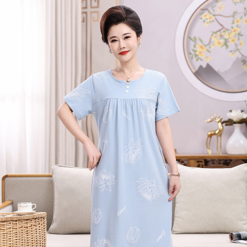 Βαμβατικό νυχτικό για γυναίκες, καλοκαιρινό νυχτικό με 3/4 μανίκια, μεσαίου μήκους φούστα, εκτύπωση σε πολυτελές σχέδιο