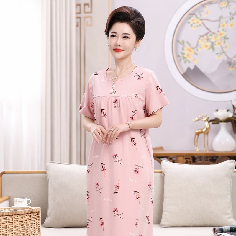 Βαμβατικό νυχτικό για γυναίκες, καλοκαιρινό νυχτικό με 3/4 μανίκια, μεσαίου μήκους φούστα, εκτύπωση σε πολυτελές σχέδιο