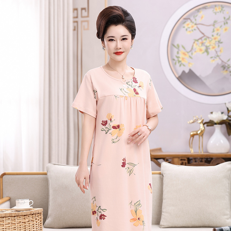 Βαμβατικό νυχτικό για γυναίκες, καλοκαιρινό νυχτικό με 3/4 μανίκια, μεσαίου μήκους φούστα, εκτύπωση σε πολυτελές σχέδιο