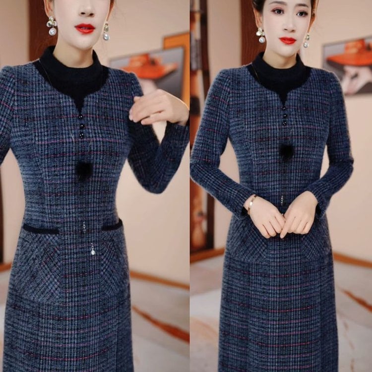 Рокля с еластичен полиестер, А-образен силует, дълги ръкави, средна дължина, висока талия