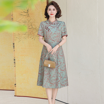 Hiina stiilis kleit kesk-vanuse naistele, puuvilla ja lina kangas, polüesteri sisaldus ≤30%, trükk, elegantne ja väärikas, 2024. aasta sügise lansseerimine