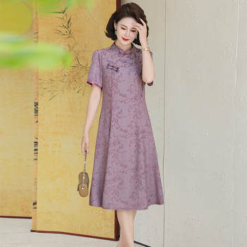 Hiina stiilis kleit kesk-vanuse naistele, puuvilla ja lina kangas, polüesteri sisaldus ≤30%, trükk, elegantne ja väärikas, 2024. aasta sügise lansseerimine
