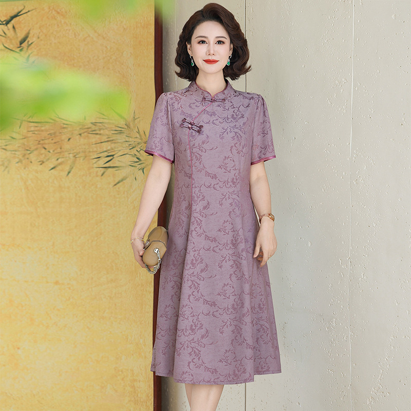Hiina stiilis kleit kesk-vanuse naistele, puuvilla ja lina kangas, polüesteri sisaldus ≤30%, trükk, elegantne ja väärikas, 2024. aasta sügise lansseerimine