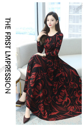 Rochie A-line midi cu guler rotund, mâneci lungi, talie înaltă