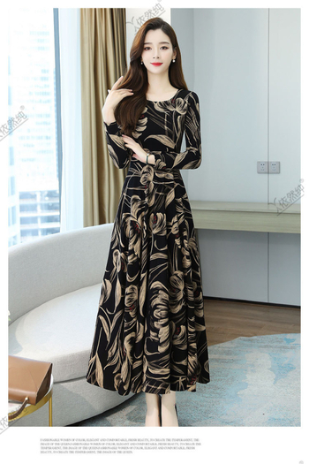 Rochie A-line midi cu guler rotund, mâneci lungi, talie înaltă