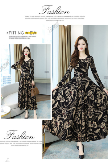 Rochie A-line midi cu guler rotund, mâneci lungi, talie înaltă