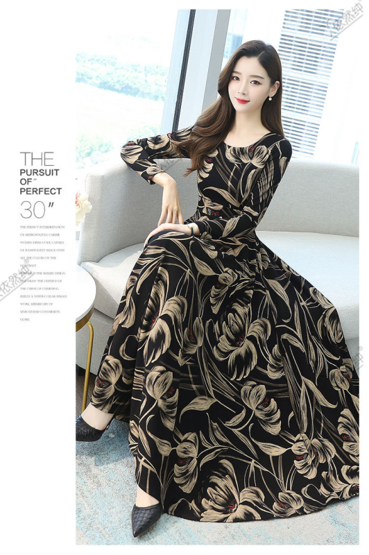 Rochie A-line midi cu guler rotund, mâneci lungi, talie înaltă