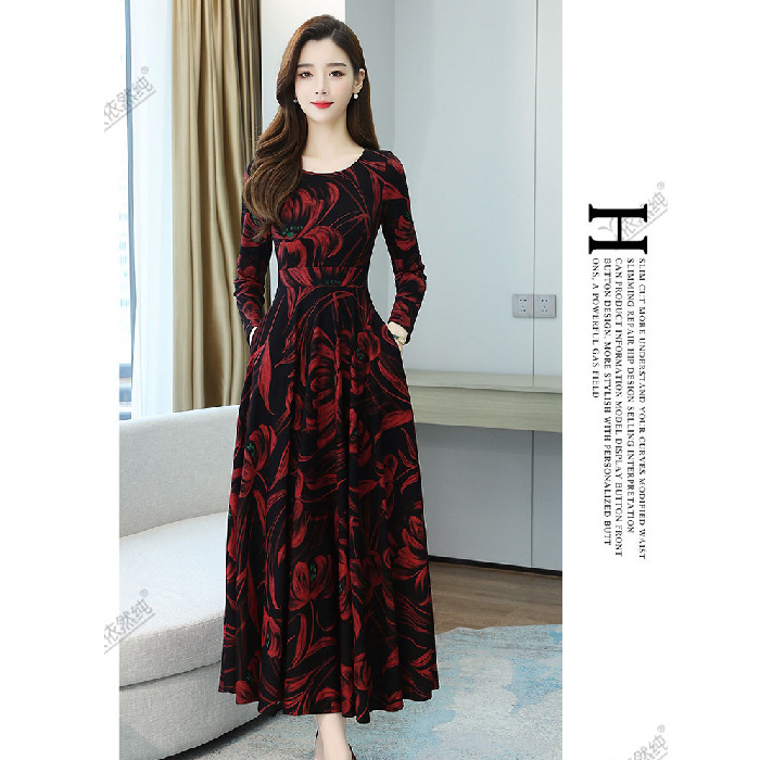 Rochie A-line midi cu guler rotund, mâneci lungi, talie înaltă