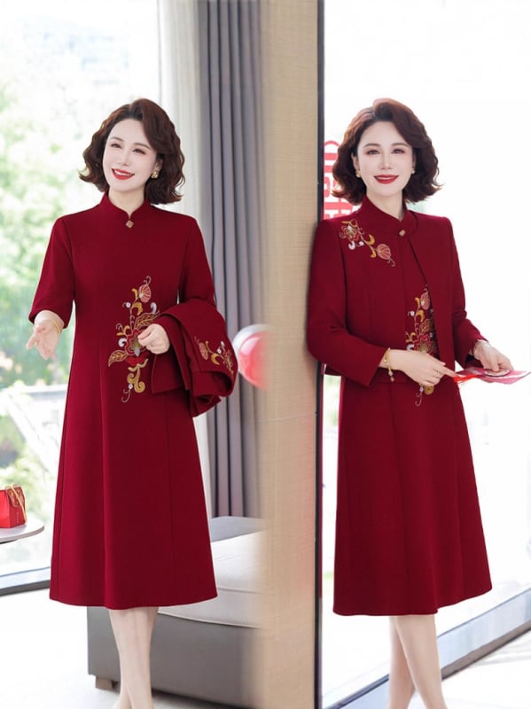 Kaheosaline qi-pao komplekt ämmale pulmapidustuseks — 2025 sügis, polüester, 90–95% polüester, trükk, midi pikkus