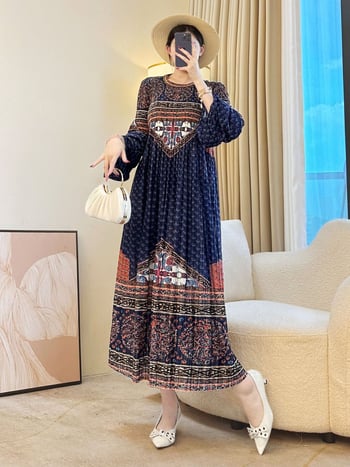 Srednje duljine A-linijska haljina od poliestera s printom, okrugli izrez, dugi rukavi, retro pulover stil