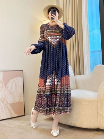 Srednje duljine A-linijska haljina od poliestera s printom, okrugli izrez, dugi rukavi, retro pulover stil