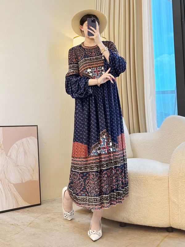 Srednje duljine A-linijska haljina od poliestera s printom, okrugli izrez, dugi rukavi, retro pulover stil