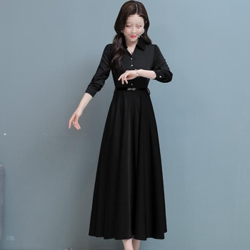 Rochie din bumbac și in, mâneci lungi, decolteu în V, croială A-line, stil intelectual