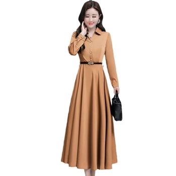 Rochie din bumbac și in, mâneci lungi, decolteu în V, croială A-line, stil intelectual