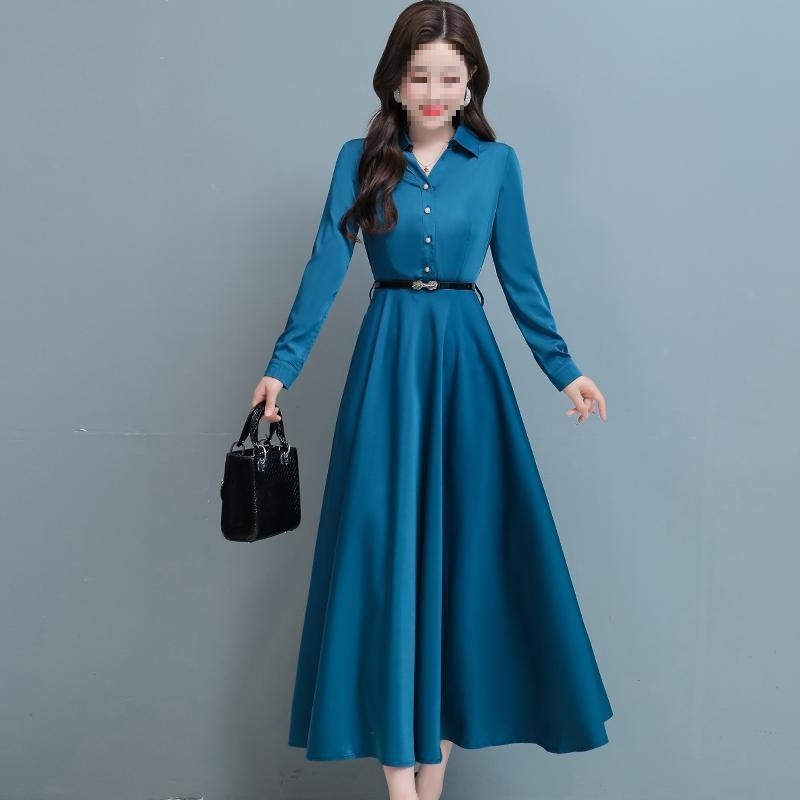 Rochie din bumbac și in, mâneci lungi, decolteu în V, croială A-line, stil intelectual