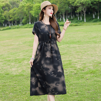 Φόρεμα από ύφασμα βαμβακο-σίλκ με εκτύπωση, Α-γραμμή μεσαίου μήκους, στρογγυλός λαιμός, κοντά μανίκια