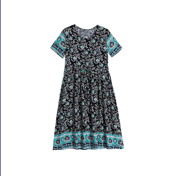 Φόρεμα από ύφασμα βαμβακο-σίλκ με εκτύπωση, Α-γραμμή μεσαίου μήκους, στρογγυλός λαιμός, κοντά μανίκια