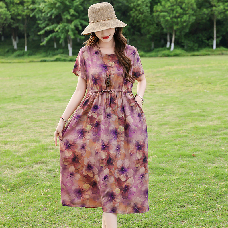 Φόρεμα από ύφασμα βαμβακο-σίλκ με εκτύπωση, Α-γραμμή μεσαίου μήκους, στρογγυλός λαιμός, κοντά μανίκια